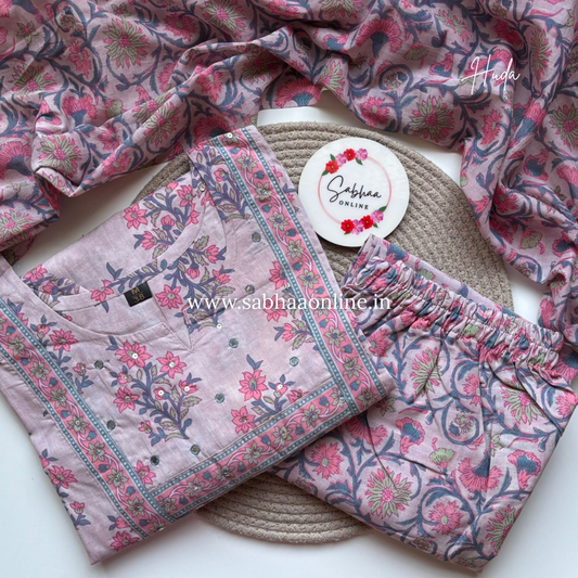 Huda - Dust Rose Pink Cotton Kurti 3pc set - LN 34