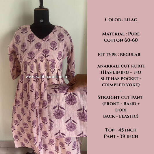 Tia - Lilac floral Alia cut styled Cotton anarkali coord set - LN 60