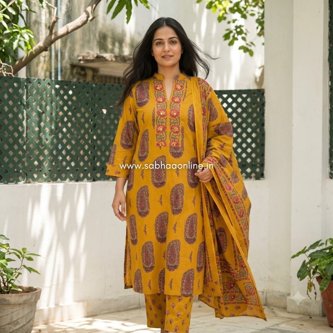 Amra - Mustard yellow and Pink Paisley Cotton kurti 3pc set (no lining) - LN 62