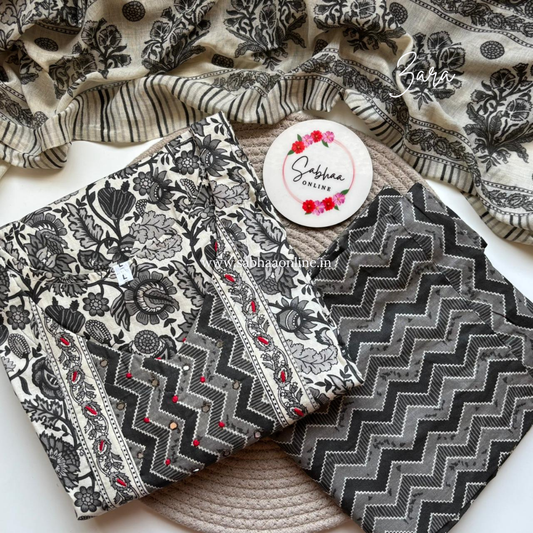 Zara - White and Grey Cotton kurti 3pc set with lining - LN 35