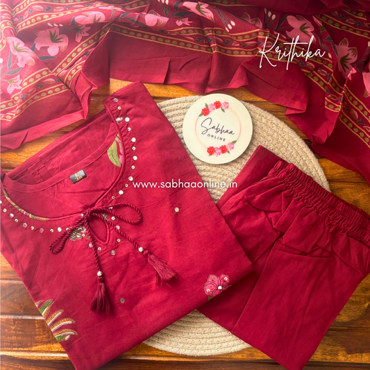 Krithika - Crimson Red Floral and elephant Cotton kurti 3pc set (no lining) - LN 62