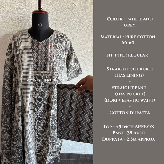 Zara - White and Grey Cotton kurti 3pc set with lining - LN 35