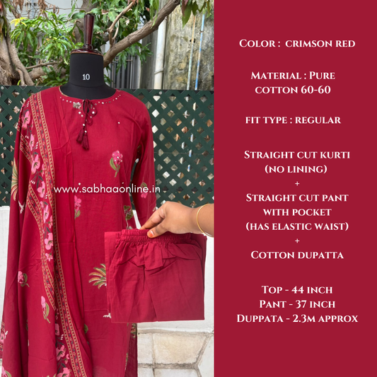 Krithika - Crimson Red Floral and elephant Cotton kurti 3pc set (no lining) - LN 62