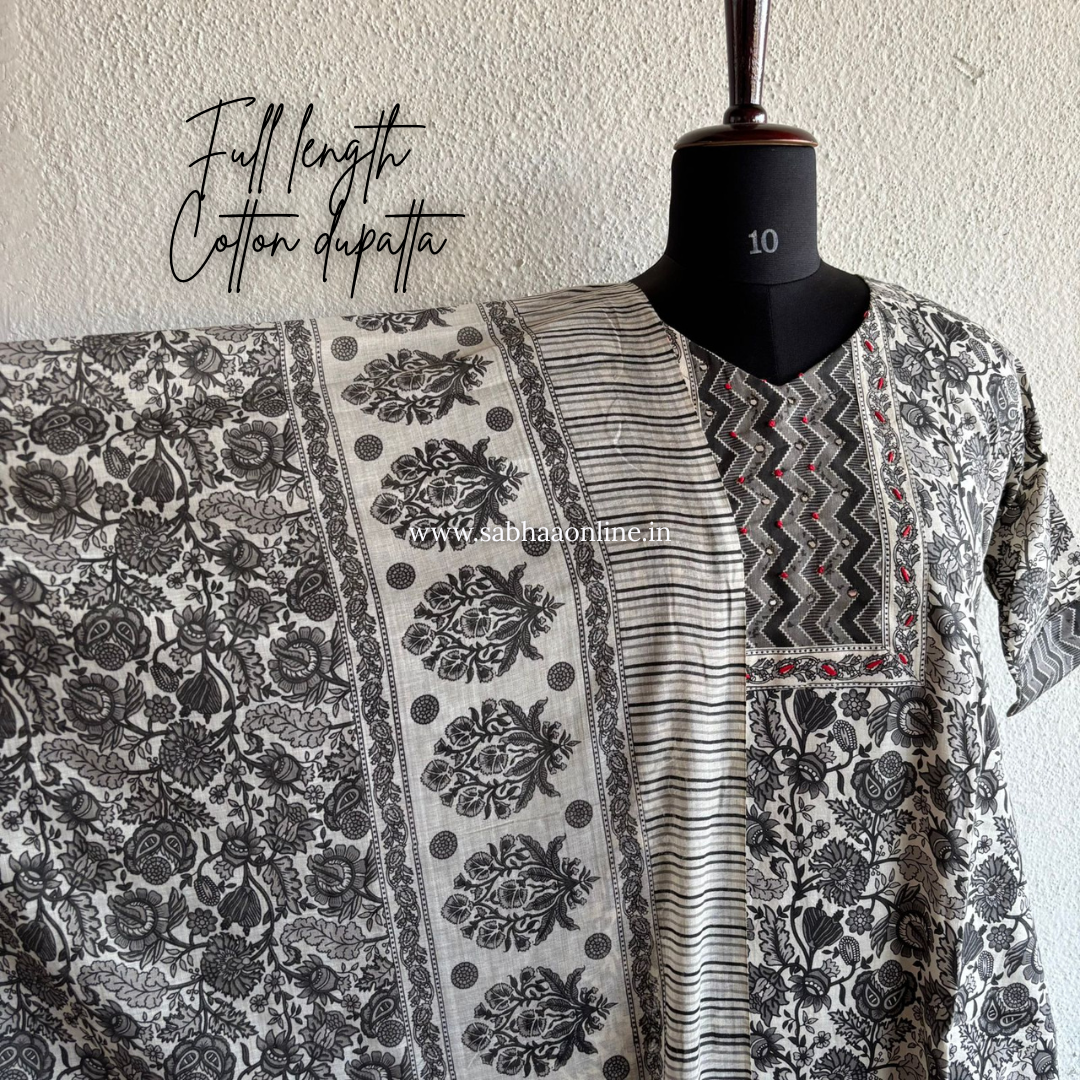Zara - White and Grey Cotton kurti 3pc set with lining - LN 35