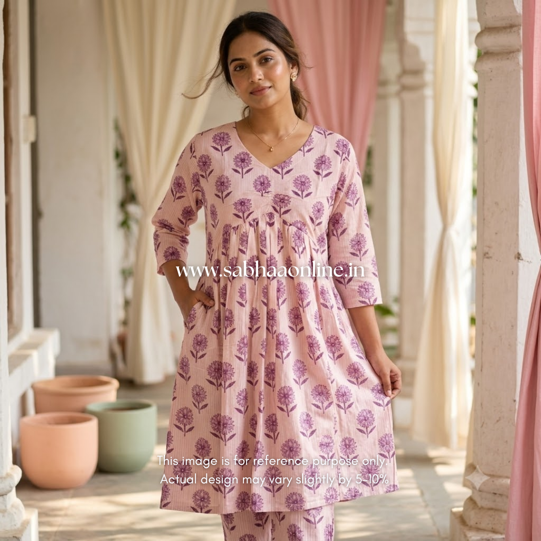 Tia - Lilac floral Alia cut styled Cotton anarkali coord set - LN 60