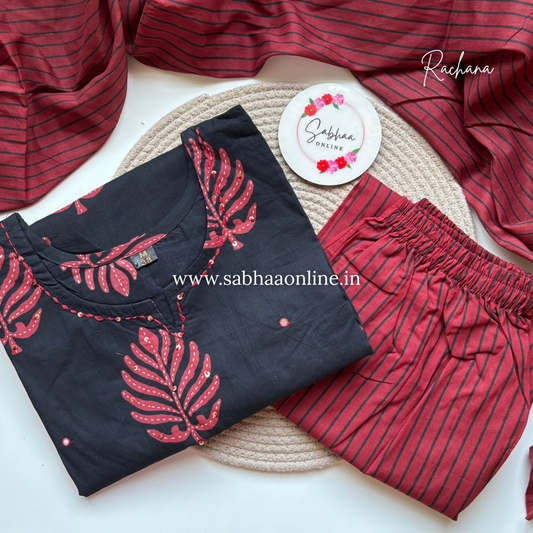Rachana - Black and Red Cotton Kurti 3pc set - LN 34