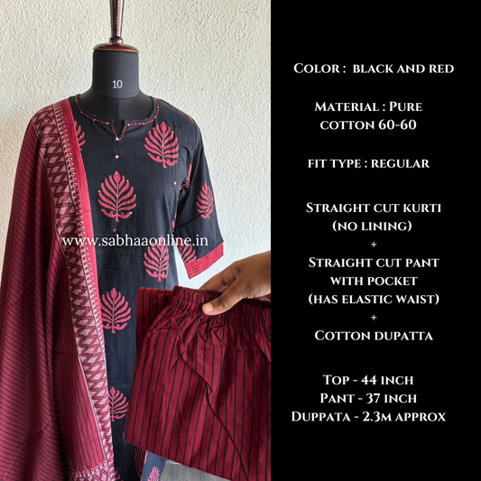 Rachana - Black and Red Cotton Kurti 3pc set - LN 34