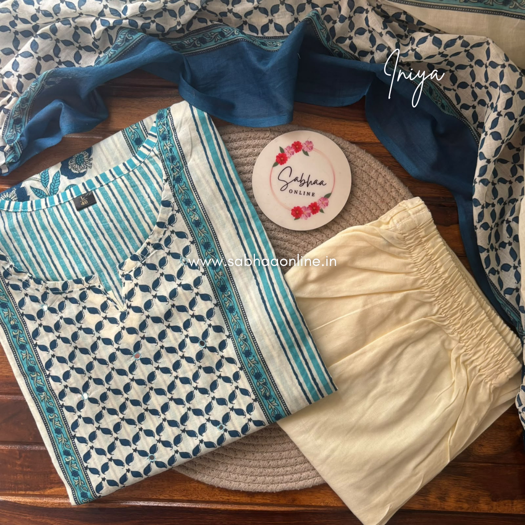 Iniya - Off white(peachy white) and Teal blue Cotton kurti 3pc set (no lining) -  LN 62