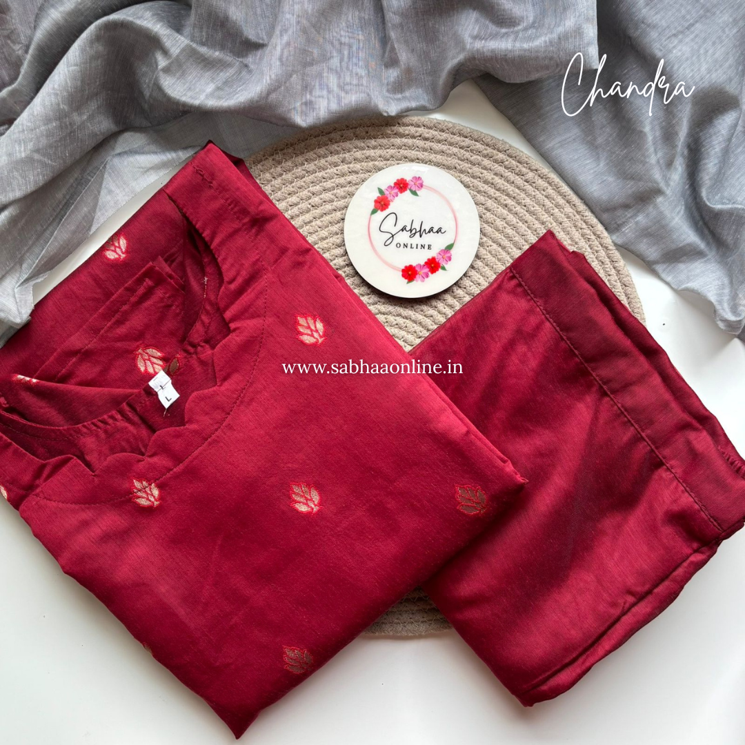 Chandra - Red and Silver grey Chanderi Kurti 3pc set with lining - LN 36