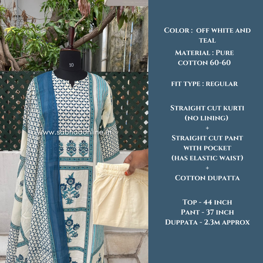 Iniya - Off white(peachy white) and Teal blue Cotton kurti 3pc set (no lining) -  LN 62