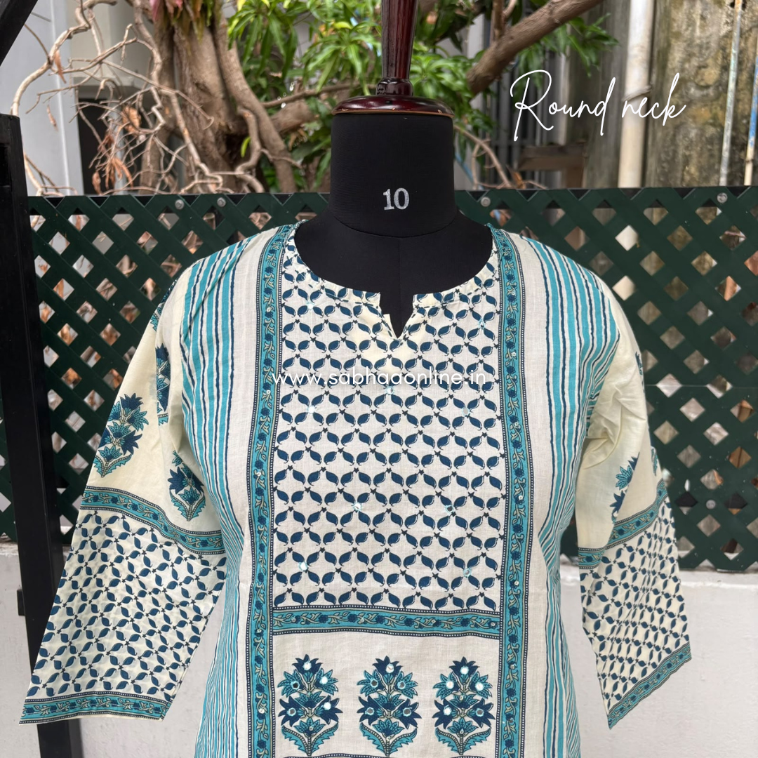 Iniya - Off white(peachy white) and Teal blue Cotton kurti 3pc set (no lining) -  LN 62