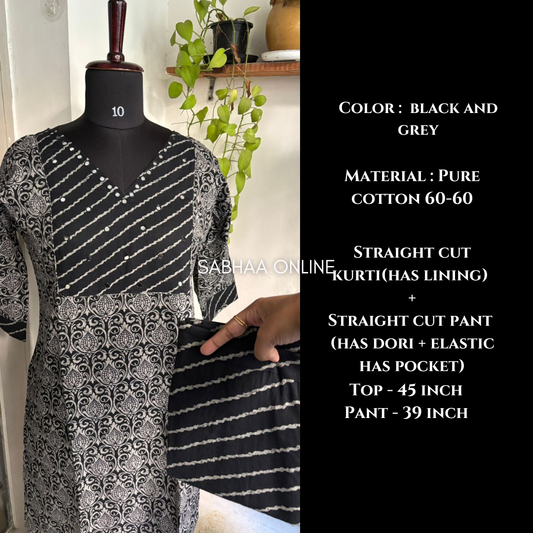 Yashoda - Black and Grey Cotton kurti pant set with lining (Only Size XL 42)