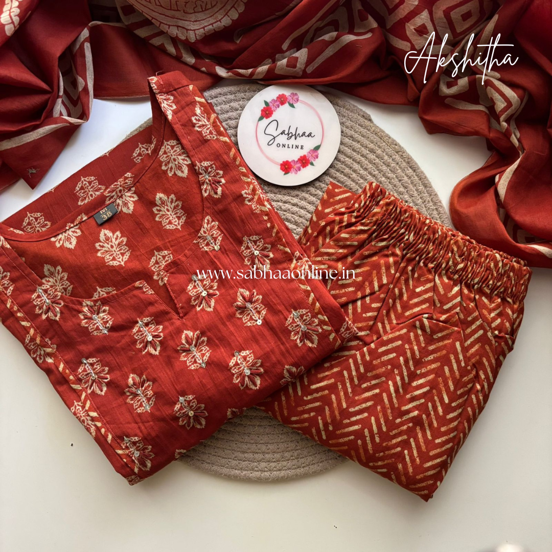Akshita - Rust Orange Cotton Kurti 3pc set - LN 23