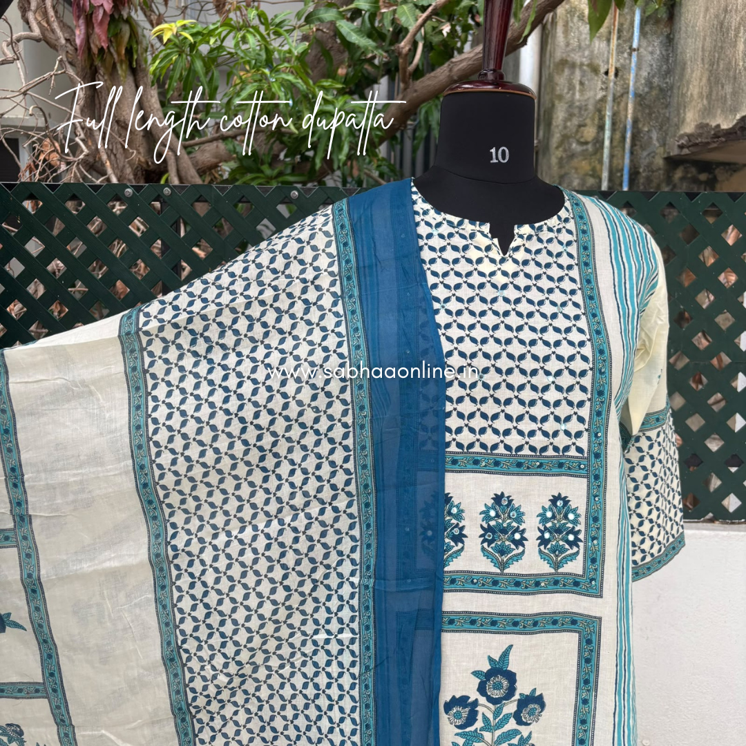 Iniya - Off white(peachy white) and Teal blue Cotton kurti 3pc set (no lining) -  LN 62