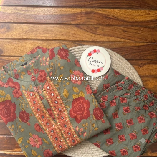 Haya - Olive grey/Taupe Grey and firey orange Cotton kurti and pant set (no lining)