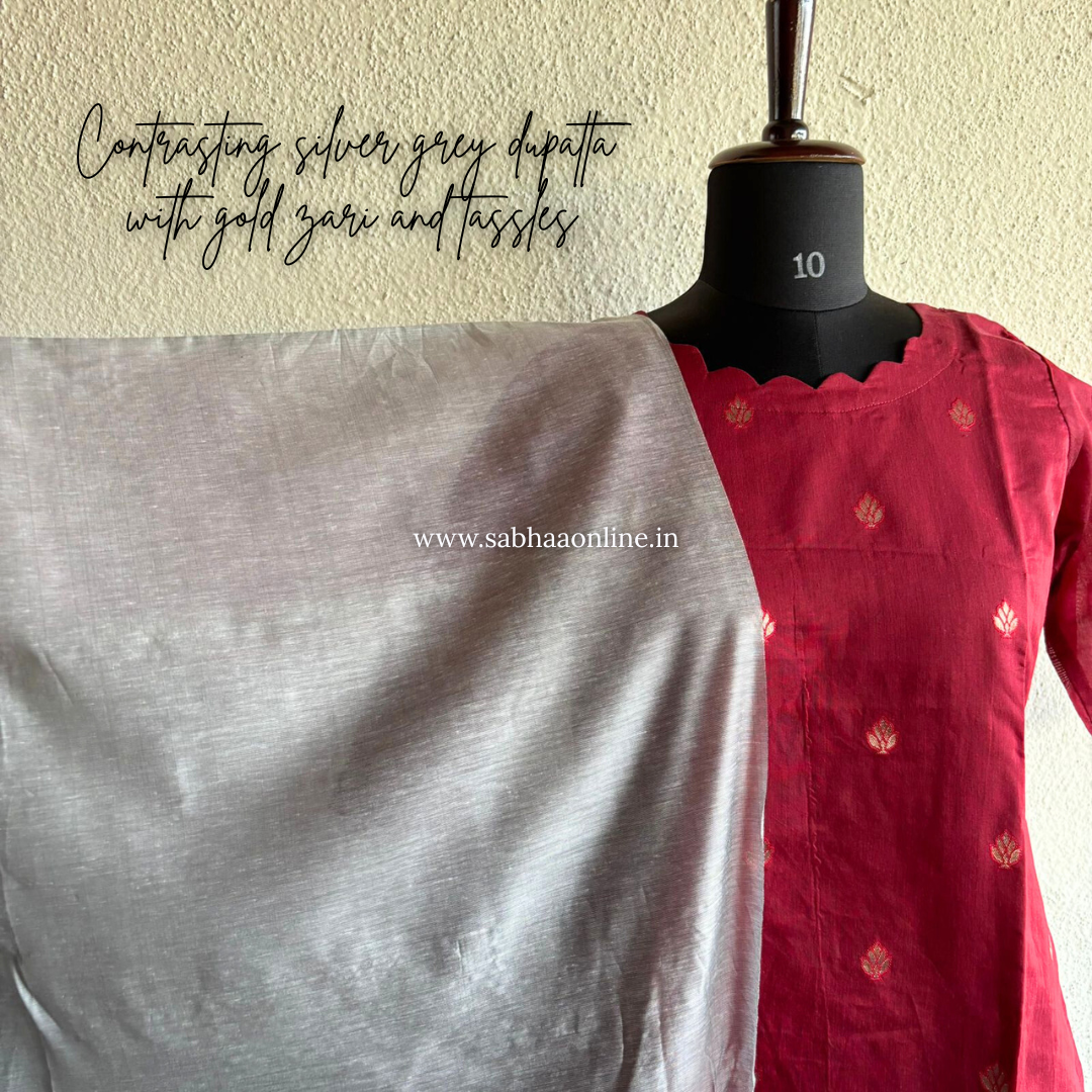 Chandra - Red and Silver grey Chanderi Kurti 3pc set with lining - LN 36