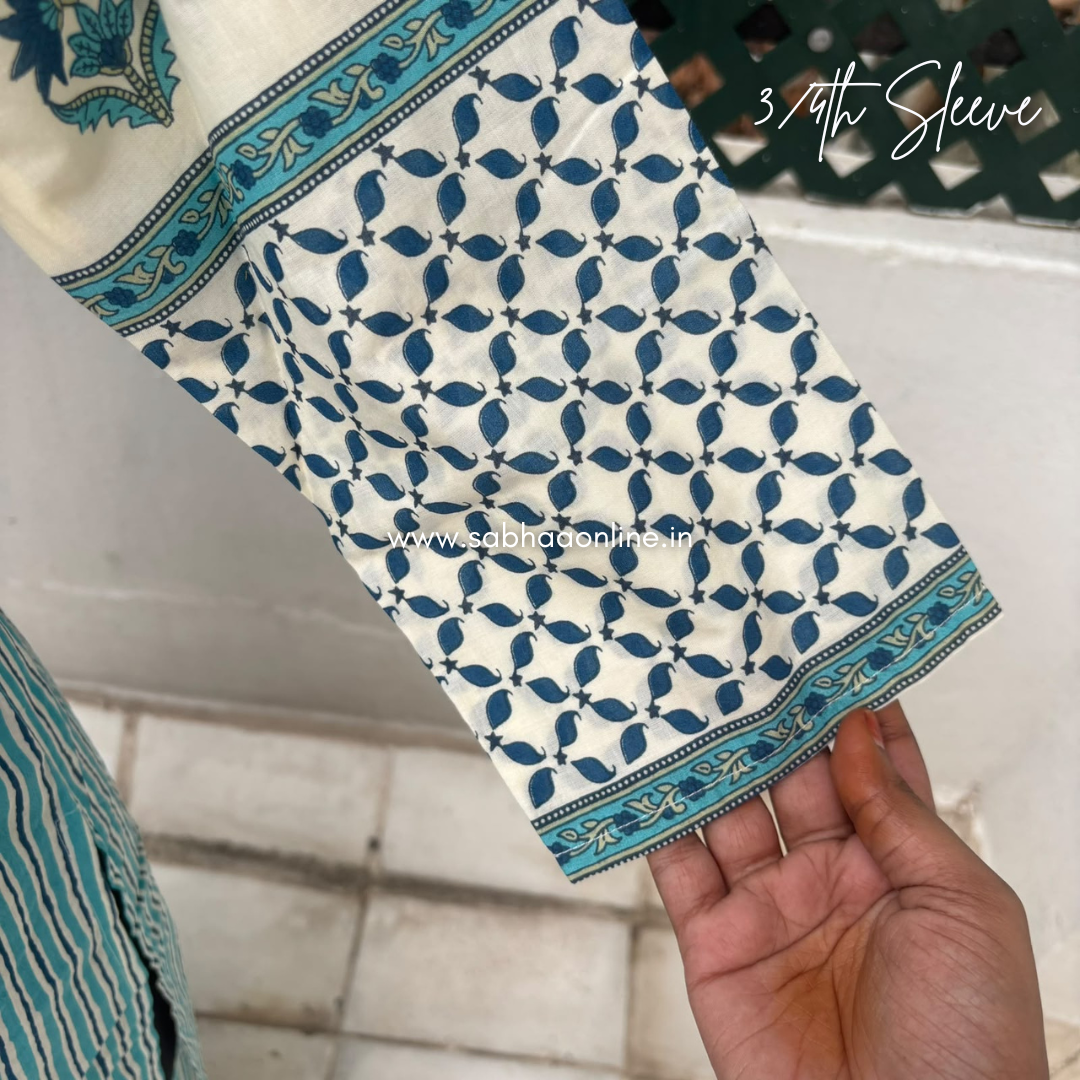 Iniya - Off white(peachy white) and Teal blue Cotton kurti 3pc set (no lining) -  LN 62