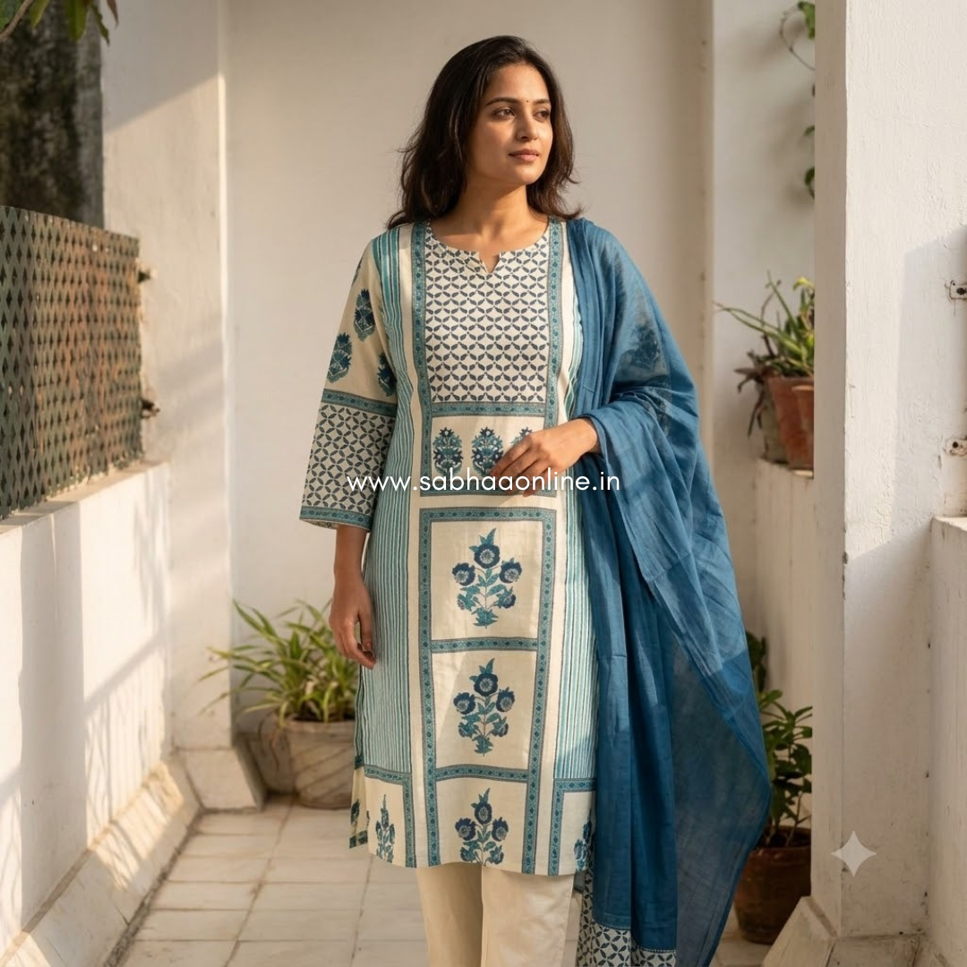 Iniya - Off white(peachy white) and Teal blue Cotton kurti 3pc set (no lining) -  LN 62