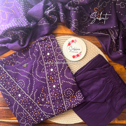 Subuti - Purple Bandani Cotton kurti 3pc set (no lining) - LN 62