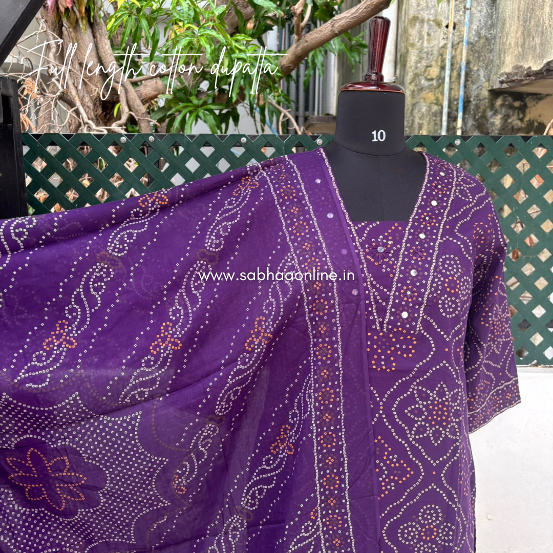 Subuti - Purple Bandani Cotton kurti 3pc set (no lining) - LN 62