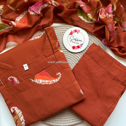 Purvi - Rust Orange Cotton kurti 3pc set with lining - LN 37
