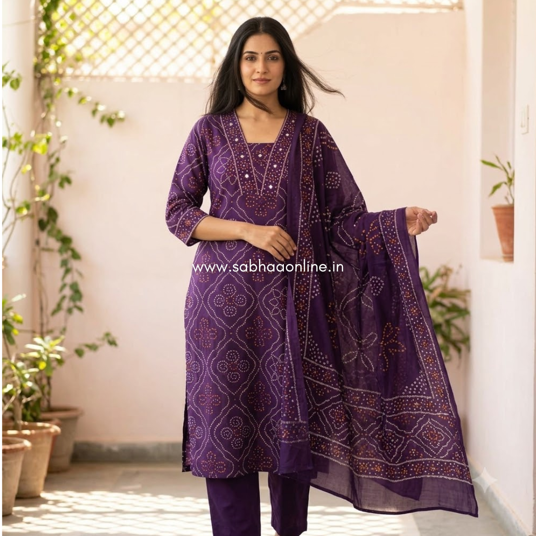 Subuti - Purple Bandani Cotton kurti 3pc set (no lining) - LN 62