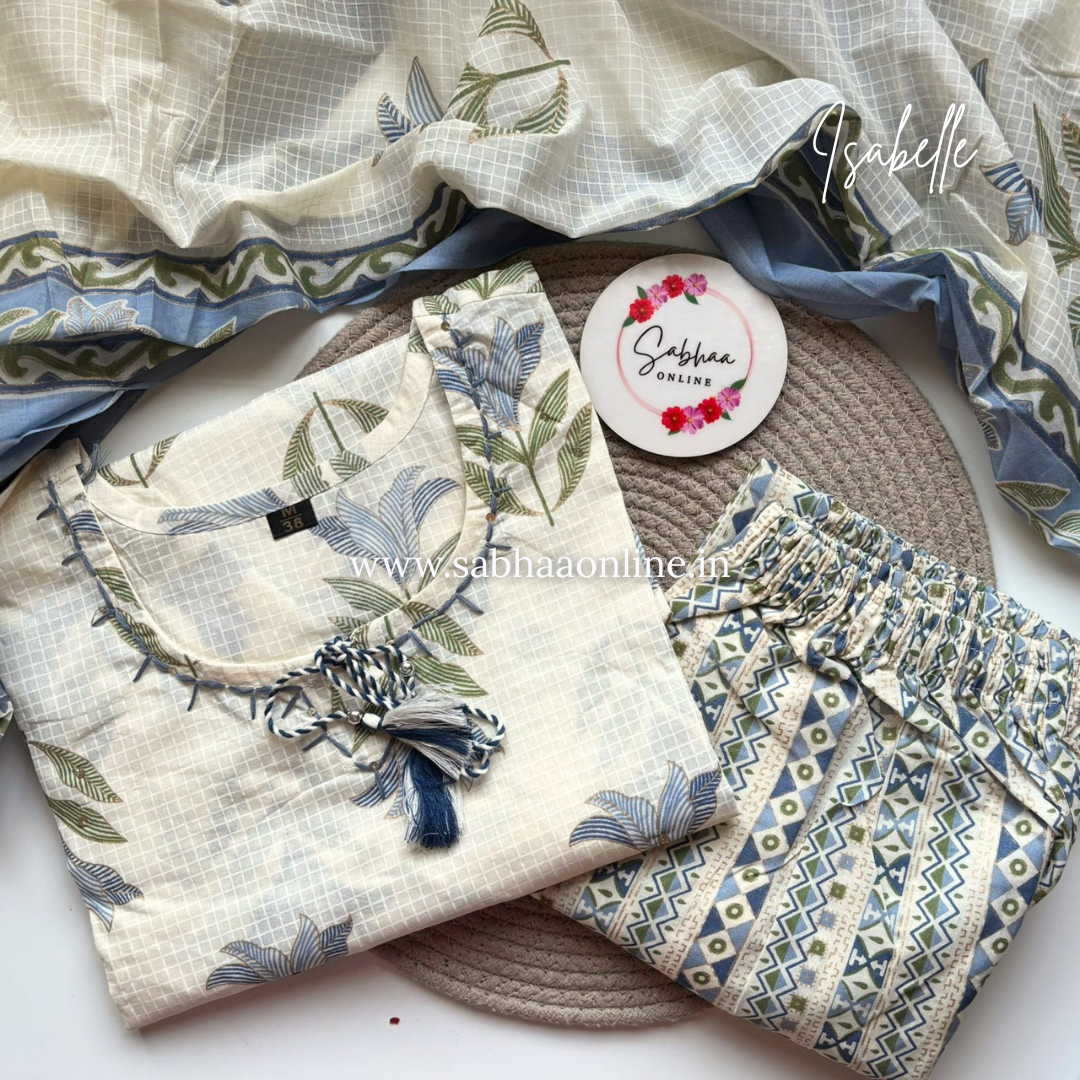Isabelle - White and Blue Cotton kurti 3pc set - LN 42