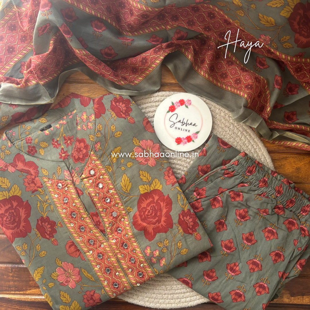 Haya - Olive grey/Taupe Grey and firey orange Cotton kurti 3pc set (no lining) - LN 62