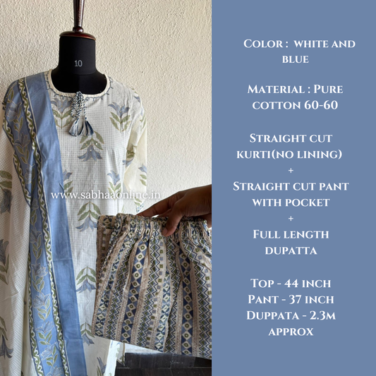 Isabelle - White and Blue Cotton kurti 3pc set - LN 42