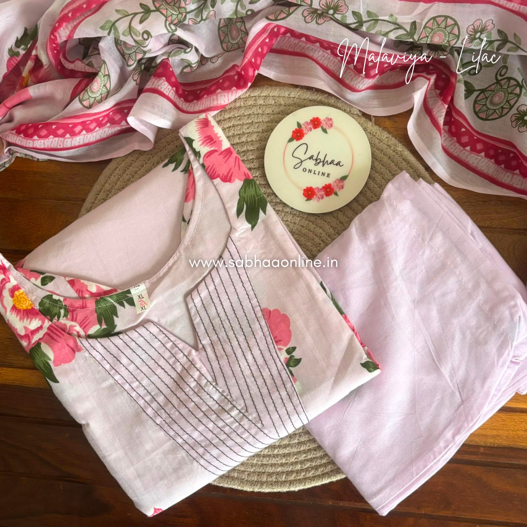 Malaviya - Lilac Cotton kurti 3pc set with lining - LN 65