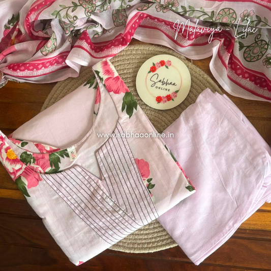 Malaviya - Lilac Cotton kurti 3pc set with lining - LN 65