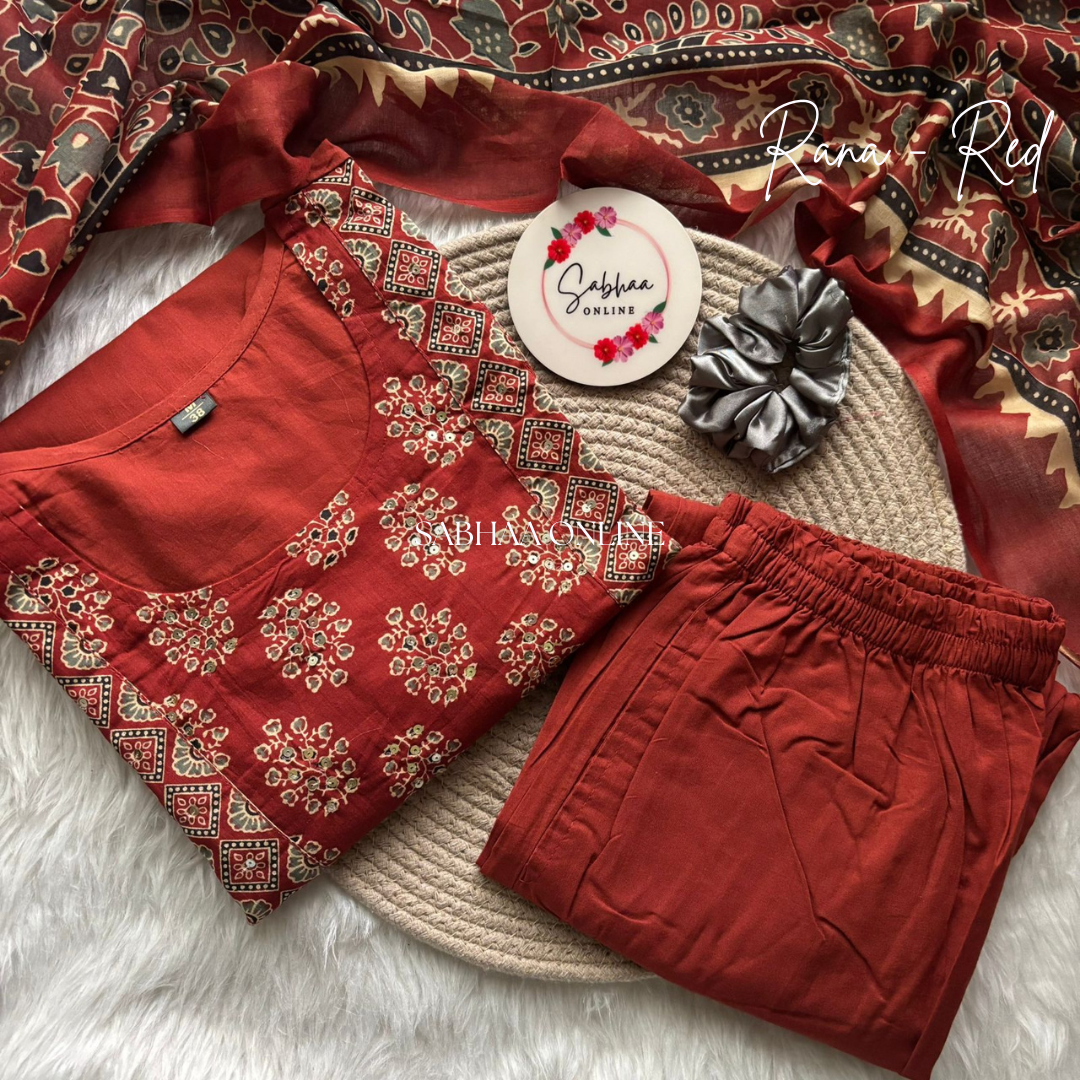 Rana - Brick red Solid + Ajrak printed Cotton Kurti 3pc set