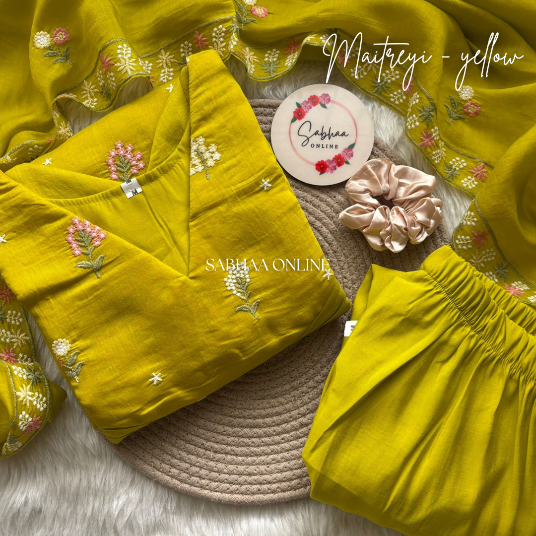 Maithreyi - Lemon Yellow Premium Mul Chanderi Kurti 3pc set with lining (Slim fit)