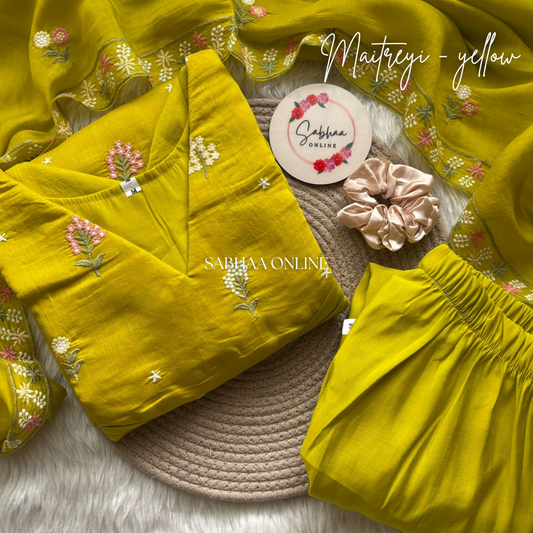 Maithreyi - Lemon Yellow Premium Mul Chanderi Kurti 3pc set with lining (Slim fit)