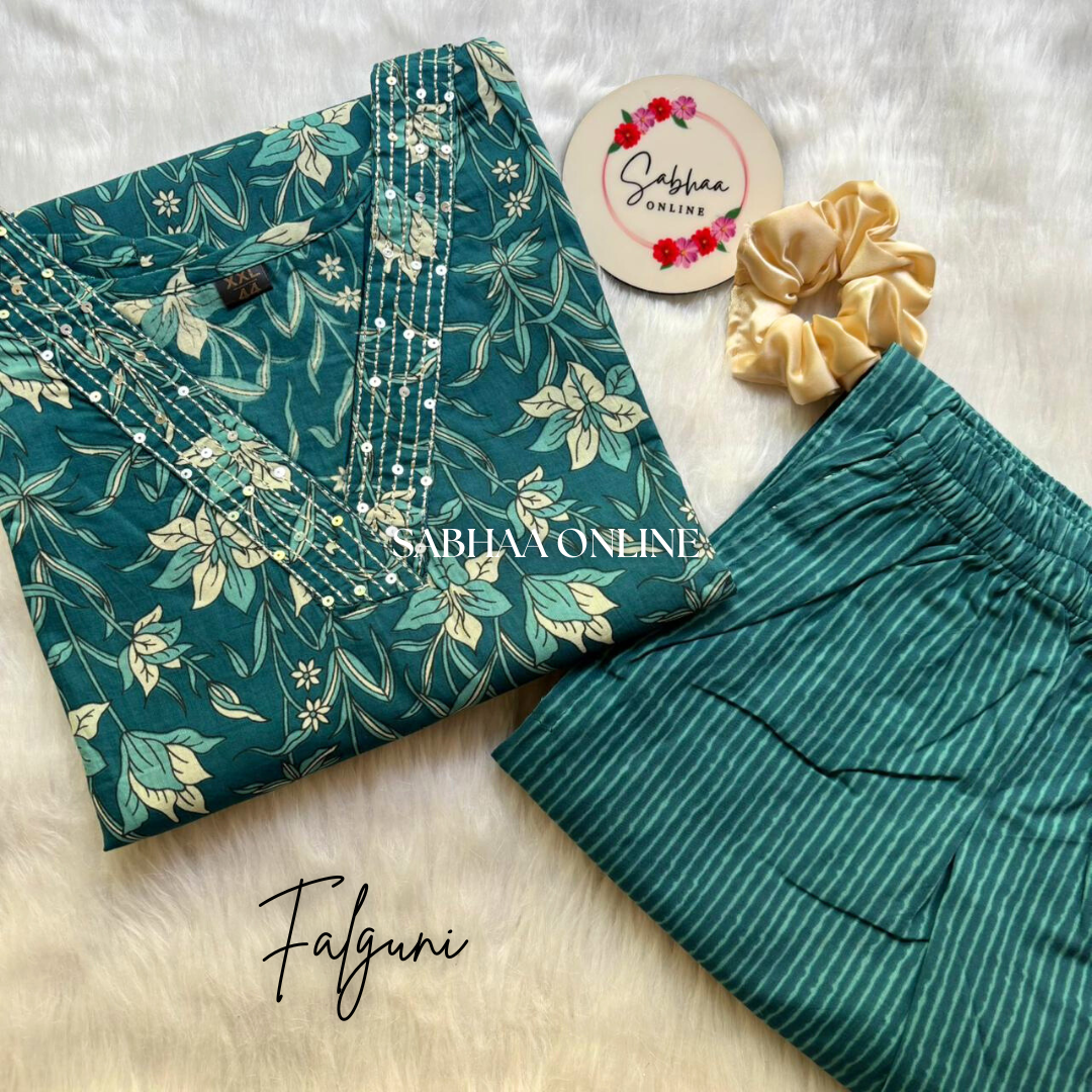 Falguni - Teal Cotton Kurti pant set