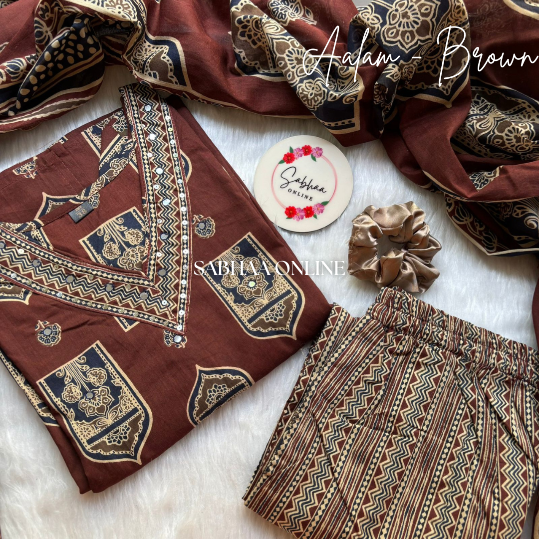 Aalam - Deep Brown Cotton Kurti 3pc set