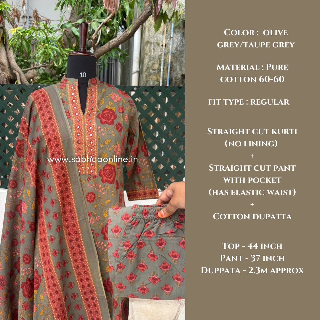 Haya - Olive grey/Taupe Grey and firey orange Cotton kurti 3pc set (no lining) - LN 62