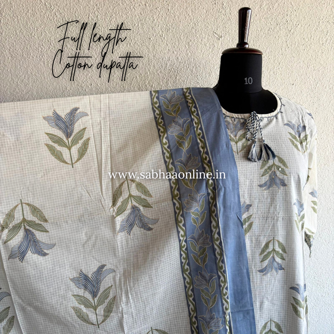 Isabelle - White and Blue Cotton kurti 3pc set - LN 42