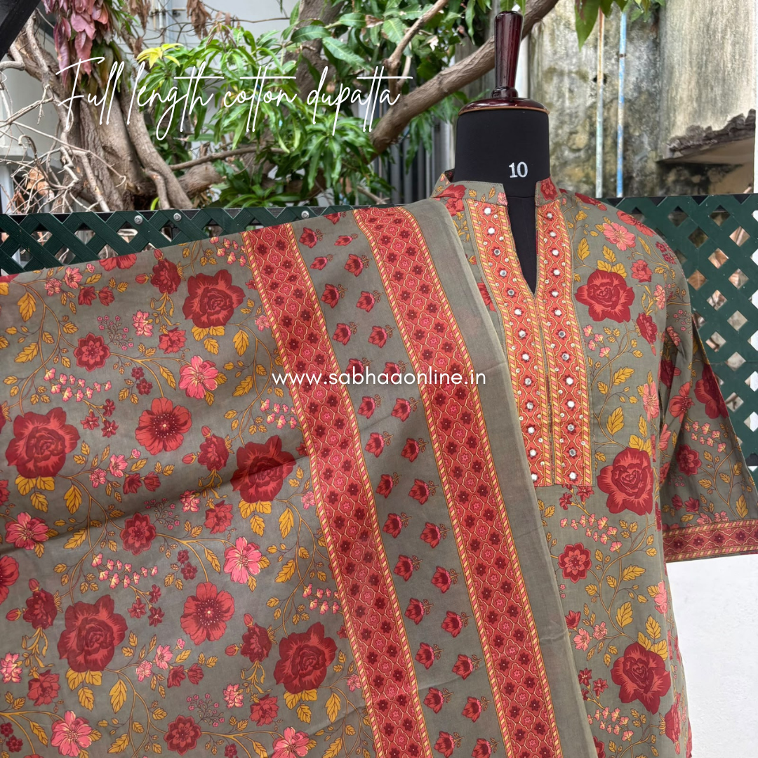 Haya - Olive grey/Taupe Grey and firey orange Cotton kurti 3pc set (no lining) - LN 62
