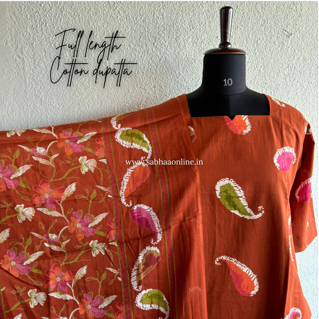 Purvi - Rust Orange Cotton kurti 3pc set with lining - LN 37