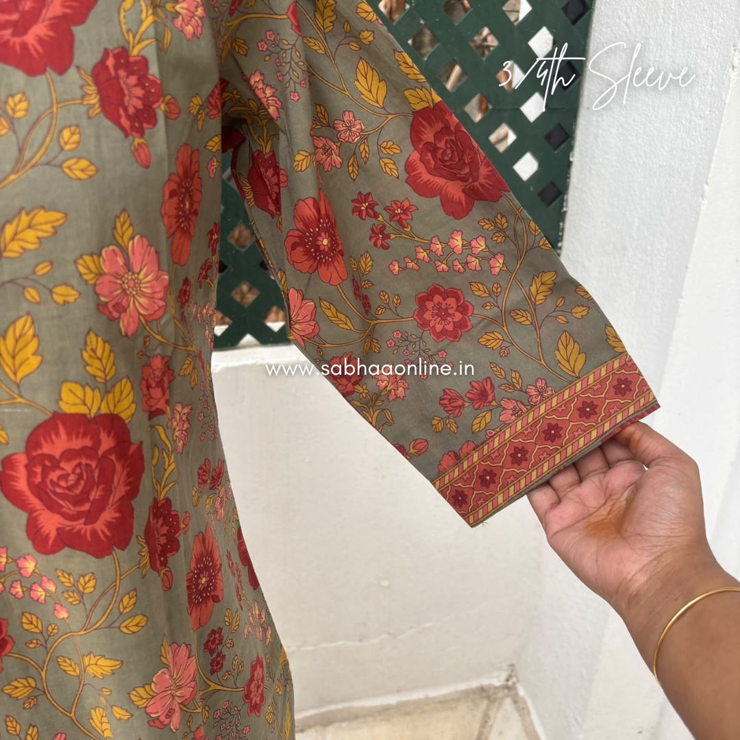 Haya - Olive grey/Taupe Grey and firey orange Cotton kurti 3pc set (no lining) - LN 62