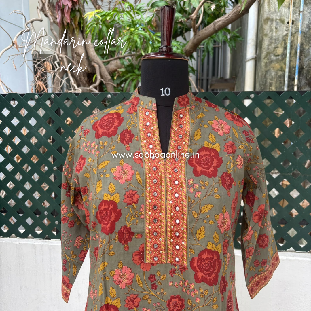Haya - Olive grey/Taupe Grey and firey orange Cotton kurti 3pc set (no lining) - LN 62