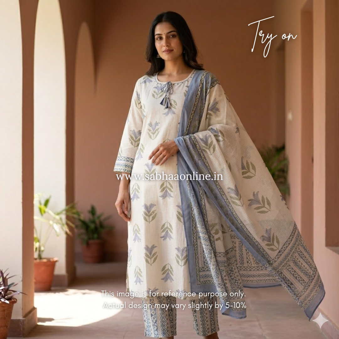 Isabelle - White and Blue Cotton kurti 3pc set - LN 42