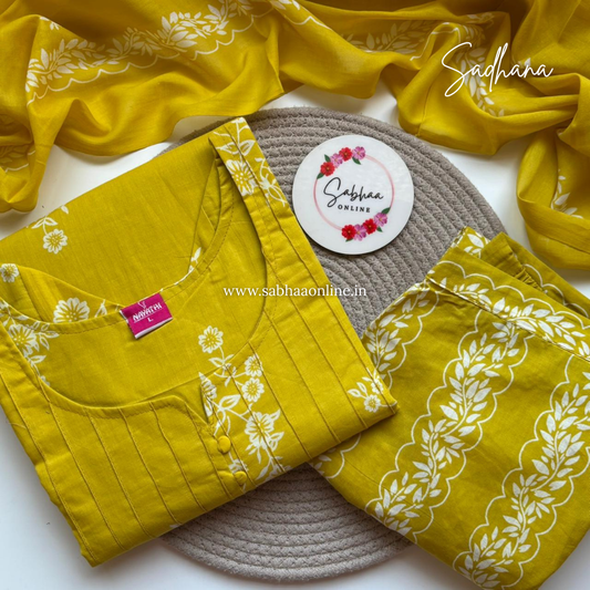 Sadhana - Yellow Cotton kurti 3pc set with lining