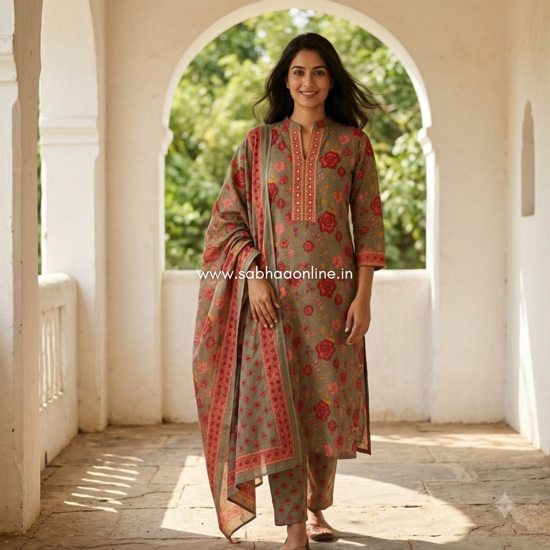 Haya - Olive grey/Taupe Grey and firey orange Cotton kurti 3pc set (no lining) - LN 62