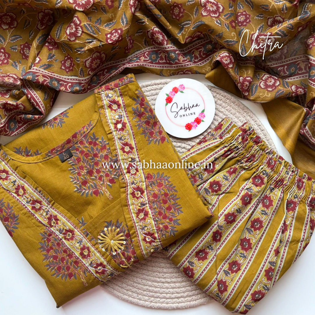 Chitra - Mustard Yellow Cotton kurti 3pc set - LN 42