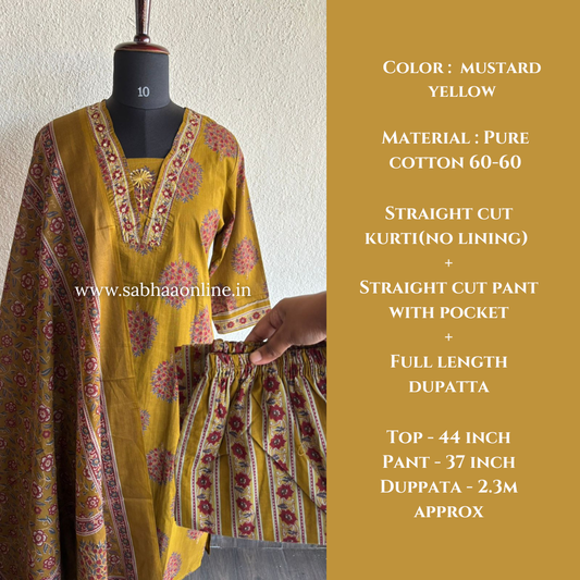 Chitra - Mustard Yellow Cotton kurti 3pc set - LN 42