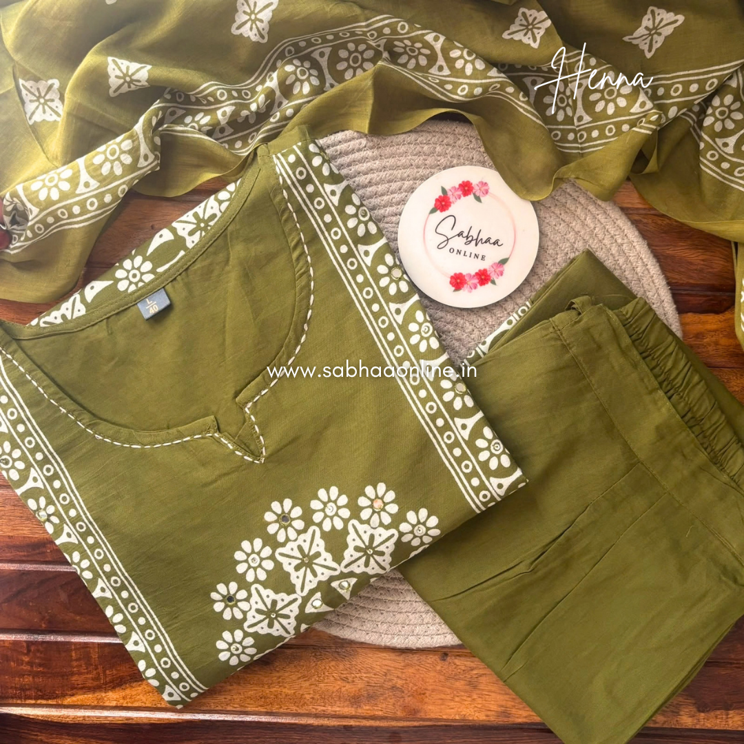 Henna - Olive green Aline Cotton kurti 3pc set without lining - LN 63