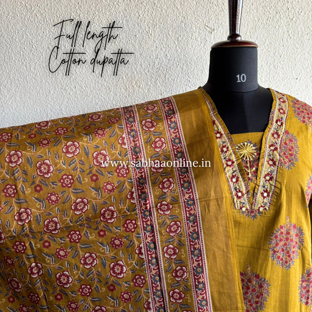 Chitra - Mustard Yellow Cotton kurti 3pc set - LN 42