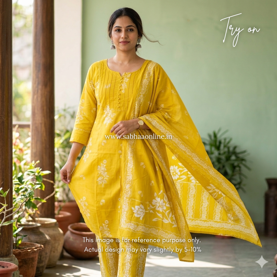 Sadhana - Yellow Cotton kurti 3pc set with lining